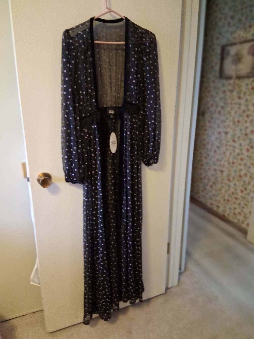 Unique vintage black heart mesh duster with pink hearts, S, NWT